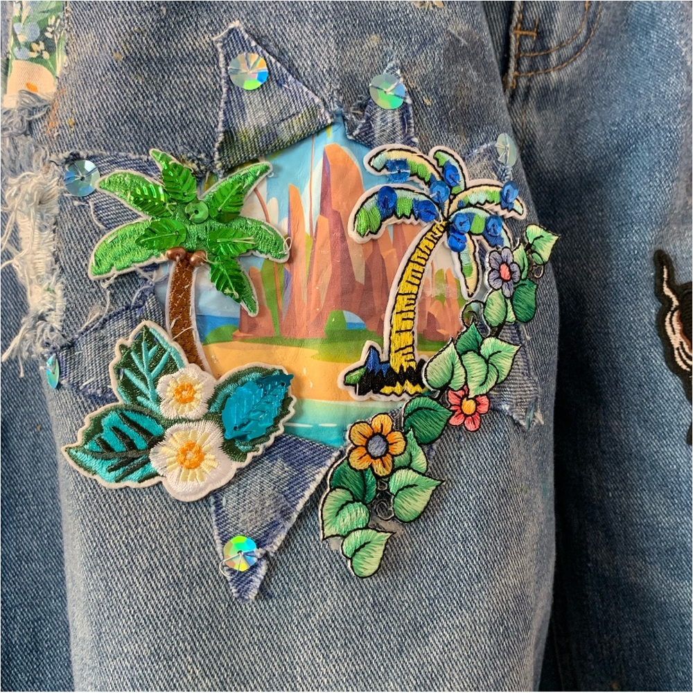 Upcycled Embroidered, Patched, and Distressed Barrel Jean with a Caribbean Theme - Picture 10 of 14